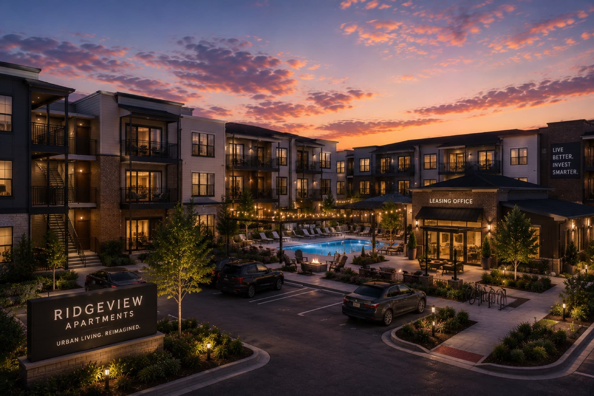 Garden-style multifamily community at twilight — the asset profile underwritten in this case study