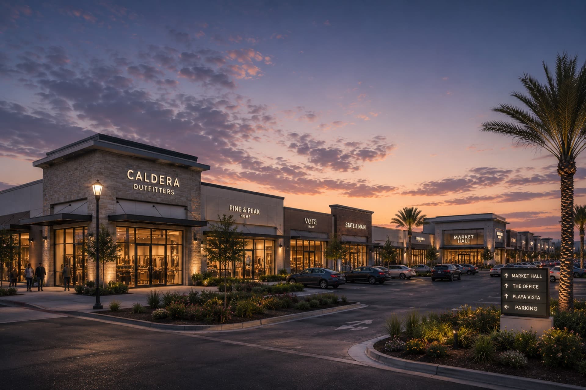 Open-air retail center at dusk — the asset profile underwritten in this case study