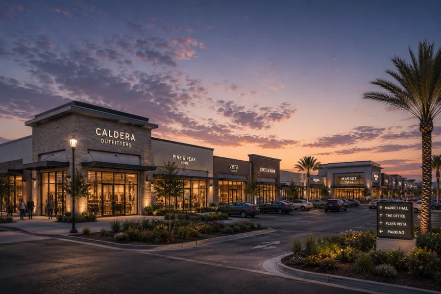 Open-air retail center at dusk — the asset profile underwritten in this case study