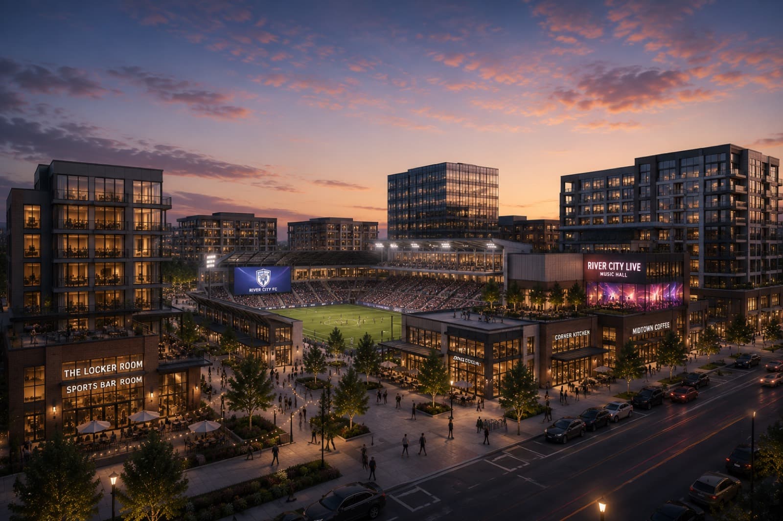Rendering of a mixed-use sports and entertainment district at dusk — professional soccer stadium anchored by residential, retail, hospitality, and music venue components